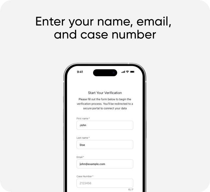 Enter your name, email, and case number